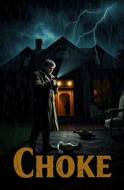 A gripping scene from a murder mystery titled 'Choke', set on a stormy night