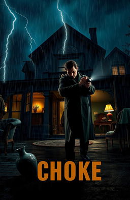 A gripping scene from a murder mystery titled 'Choke', set on a stormy night