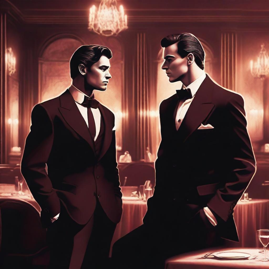 A high-quality digital art piece featuring two sharply dressed men, both with a dangerous aura, standing close to each other in a dimly lit, vintage Italian restaurant