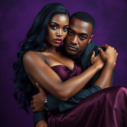 A captivating scene featuring an African beautiful maiden with strikingly sexy red eyes and long blue-black locks, dressed in a luxurious silk dress