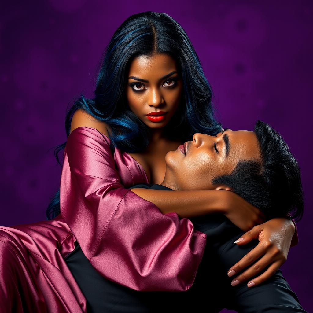 A captivating scene featuring an African beautiful maiden with strikingly sexy red eyes and long blue-black locks, dressed in a luxurious silk dress