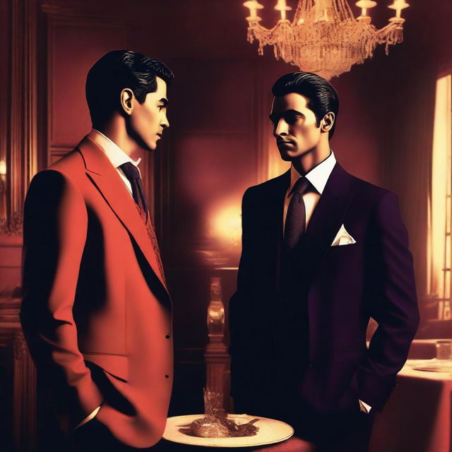 A high-quality digital art piece featuring two sharply dressed men, both with a dangerous aura, standing close to each other in a dimly lit, vintage Italian restaurant