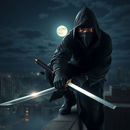 A stealthy African American ninja dressed in a traditional black ninja outfit, expertly perched on a rooftop under the moonlight