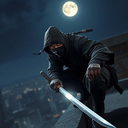 A stealthy African American ninja dressed in a traditional black ninja outfit, expertly perched on a rooftop under the moonlight