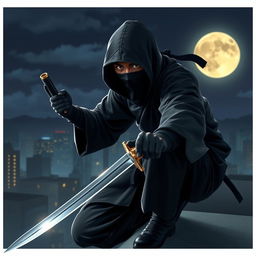 A stealthy African American ninja dressed in a traditional black ninja outfit, expertly perched on a rooftop under the moonlight