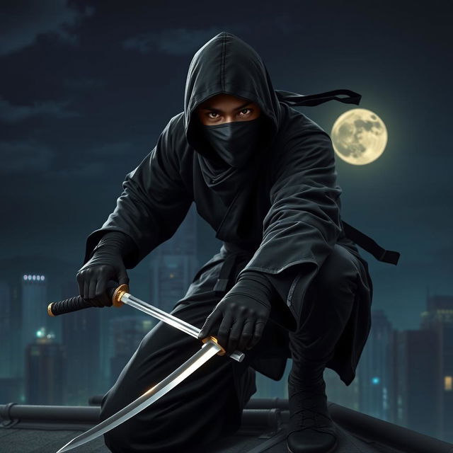 A stealthy African American ninja dressed in a traditional black ninja outfit, expertly perched on a rooftop under the moonlight