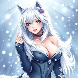 A beautiful and sexy wolf girl as a waifu character, with striking white hair and long fluffy tail, set against a snowy background