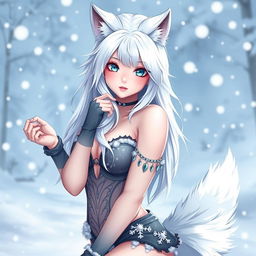 A beautiful and sexy wolf girl as a waifu character, with striking white hair and long fluffy tail, set against a snowy background