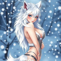 A beautiful and sexy wolf girl as a waifu character, with striking white hair and long fluffy tail, set against a snowy background