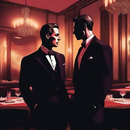 A high-quality digital art piece featuring two sharply dressed men, both with a dangerous aura, standing close to each other in a dimly lit, vintage Italian restaurant