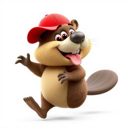 A 3D cartoon-style beaver animatedly running on its hind legs, playfully sticking its tongue out
