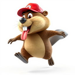 A 3D cartoon-style beaver animatedly running on its hind legs, playfully sticking its tongue out