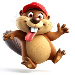 A 3D cartoon-style beaver animatedly running on its hind legs, playfully sticking its tongue out