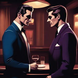 A high-quality digital art piece featuring two sharply dressed men, both with a dangerous aura, standing close to each other in a dimly lit, vintage Italian restaurant