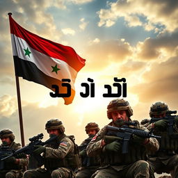 A powerful and inspiring image of the Syrian Arab Army showcasing soldiers in action, displaying courage and determination, with the Syrian flag waving proudly in the background