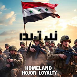 A powerful and inspiring image of the Syrian Arab Army showcasing soldiers in action, displaying courage and determination, with the Syrian flag waving proudly in the background