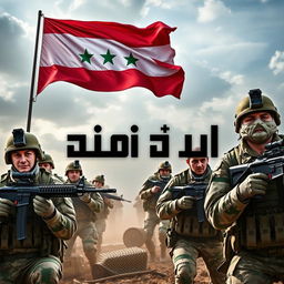A powerful and inspiring image of the Syrian Arab Army showcasing soldiers in action, displaying courage and determination, with the Syrian flag waving proudly in the background