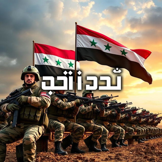 A powerful and inspiring image of the Syrian Arab Army showcasing soldiers in action, displaying courage and determination, with the Syrian flag waving proudly in the background