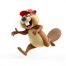 A 3D cartoon-style beaver that embodies humor and hilarity, energetically running on its hind legs