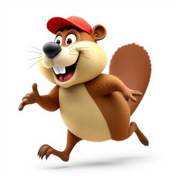 A 3D cartoon-style beaver that embodies humor and hilarity, energetically running on its hind legs