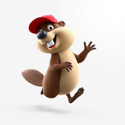 A 3D cartoon-style beaver that embodies humor and hilarity, energetically running on its hind legs