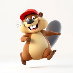 A 3D cartoon-style beaver that embodies humor and hilarity, energetically running on its hind legs