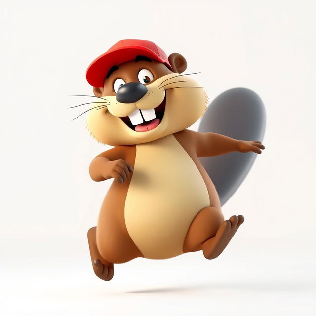 A 3D cartoon-style beaver that embodies humor and hilarity, energetically running on its hind legs