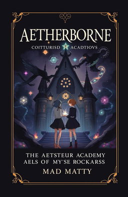 A book cover design featuring the main title 'AETHERBORNE' prominently placed at the top in an elegant font, below it a smaller subtitle 'THE AETHERION ACADEMY OF MYSTIC ARTS', and a tagline 'MAD MATTY' at the bottom