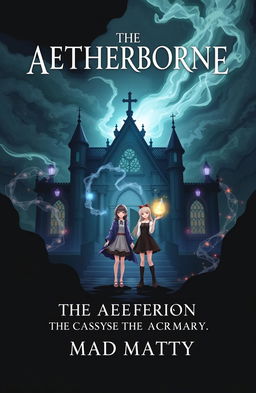 A book cover design featuring the main title 'AETHERBORNE' prominently placed at the top in an elegant font, below it a smaller subtitle 'THE AETHERION ACADEMY OF MYSTIC ARTS', and a tagline 'MAD MATTY' at the bottom