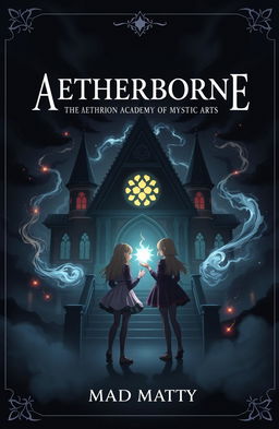 A book cover design featuring the main title 'AETHERBORNE' prominently placed at the top in an elegant font, below it a smaller subtitle 'THE AETHERION ACADEMY OF MYSTIC ARTS', and a tagline 'MAD MATTY' at the bottom