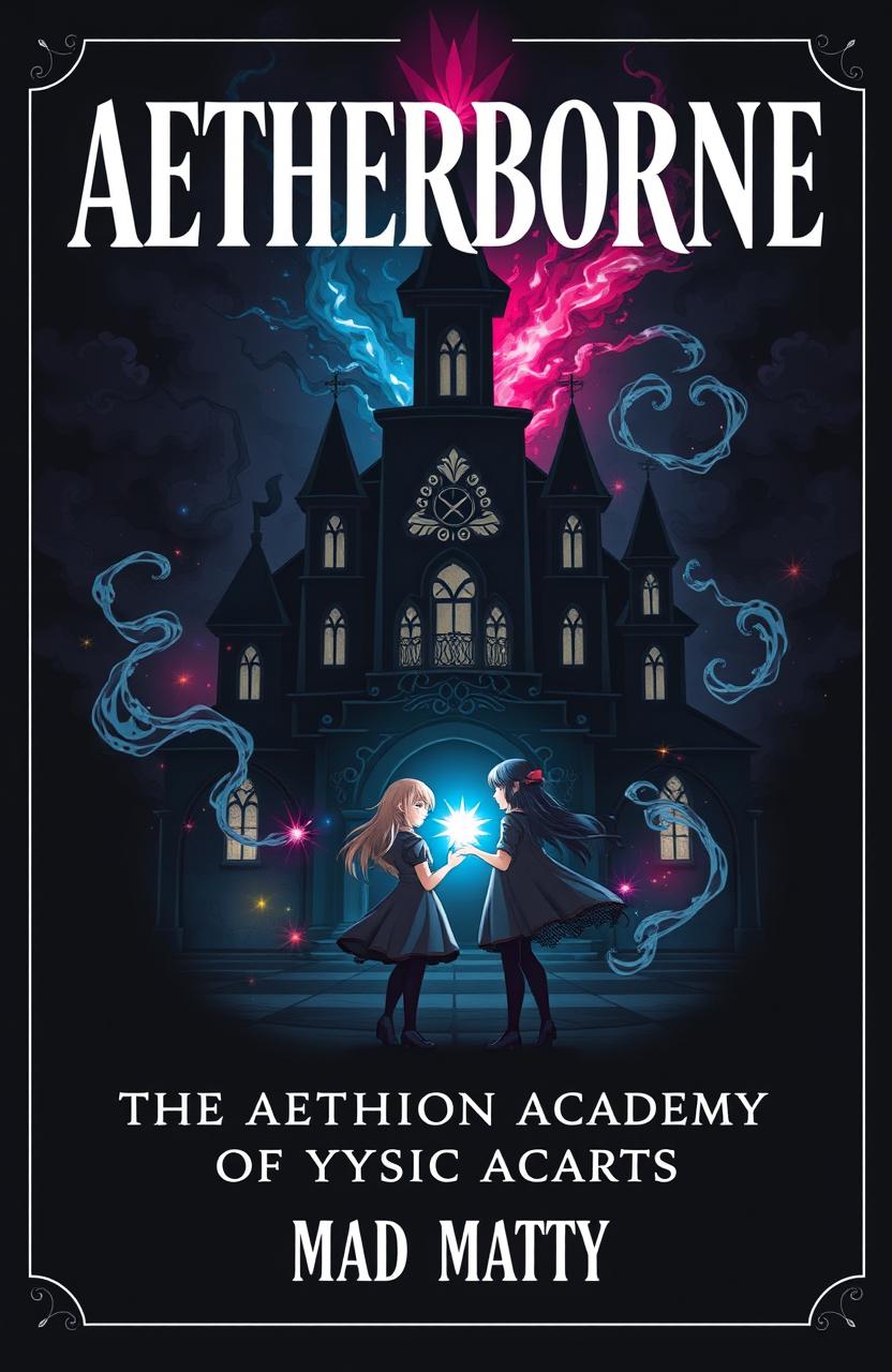 A book cover design featuring the main title 'AETHERBORNE' prominently placed at the top in an elegant font, below it a smaller subtitle 'THE AETHERION ACADEMY OF MYSTIC ARTS', and a tagline 'MAD MATTY' at the bottom