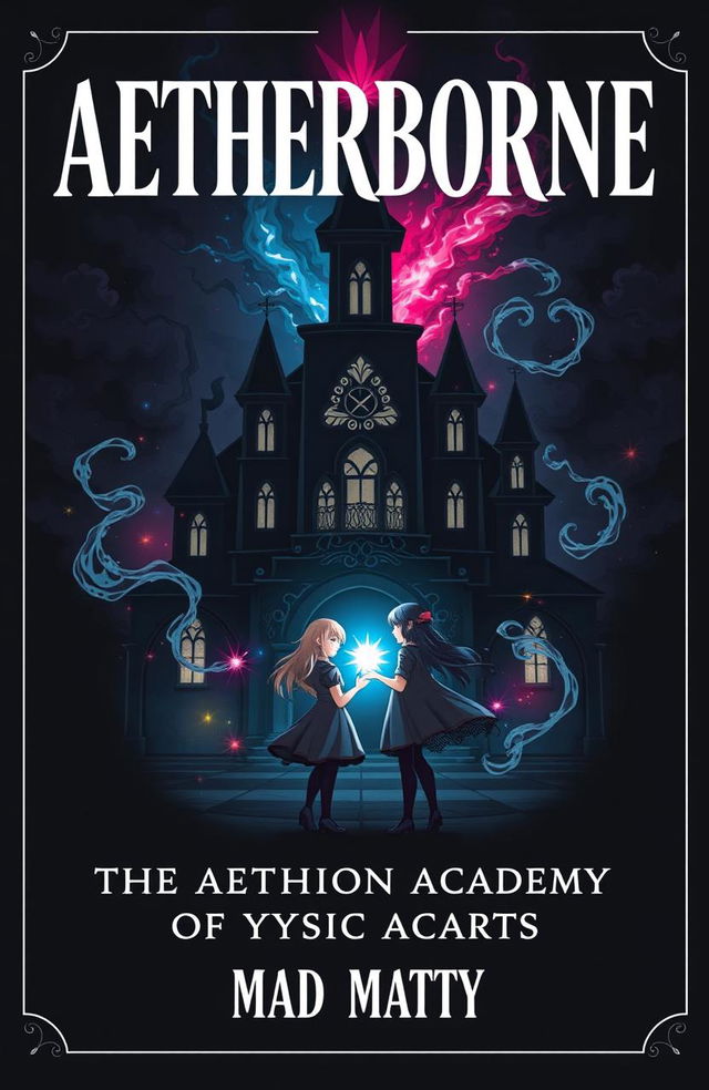 A book cover design featuring the main title 'AETHERBORNE' prominently placed at the top in an elegant font, below it a smaller subtitle 'THE AETHERION ACADEMY OF MYSTIC ARTS', and a tagline 'MAD MATTY' at the bottom