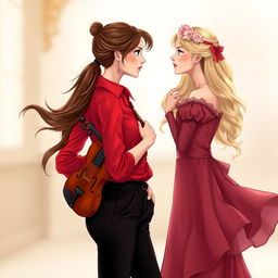 An enchanting illustration of two women in their 20s gazing at each other with fascination