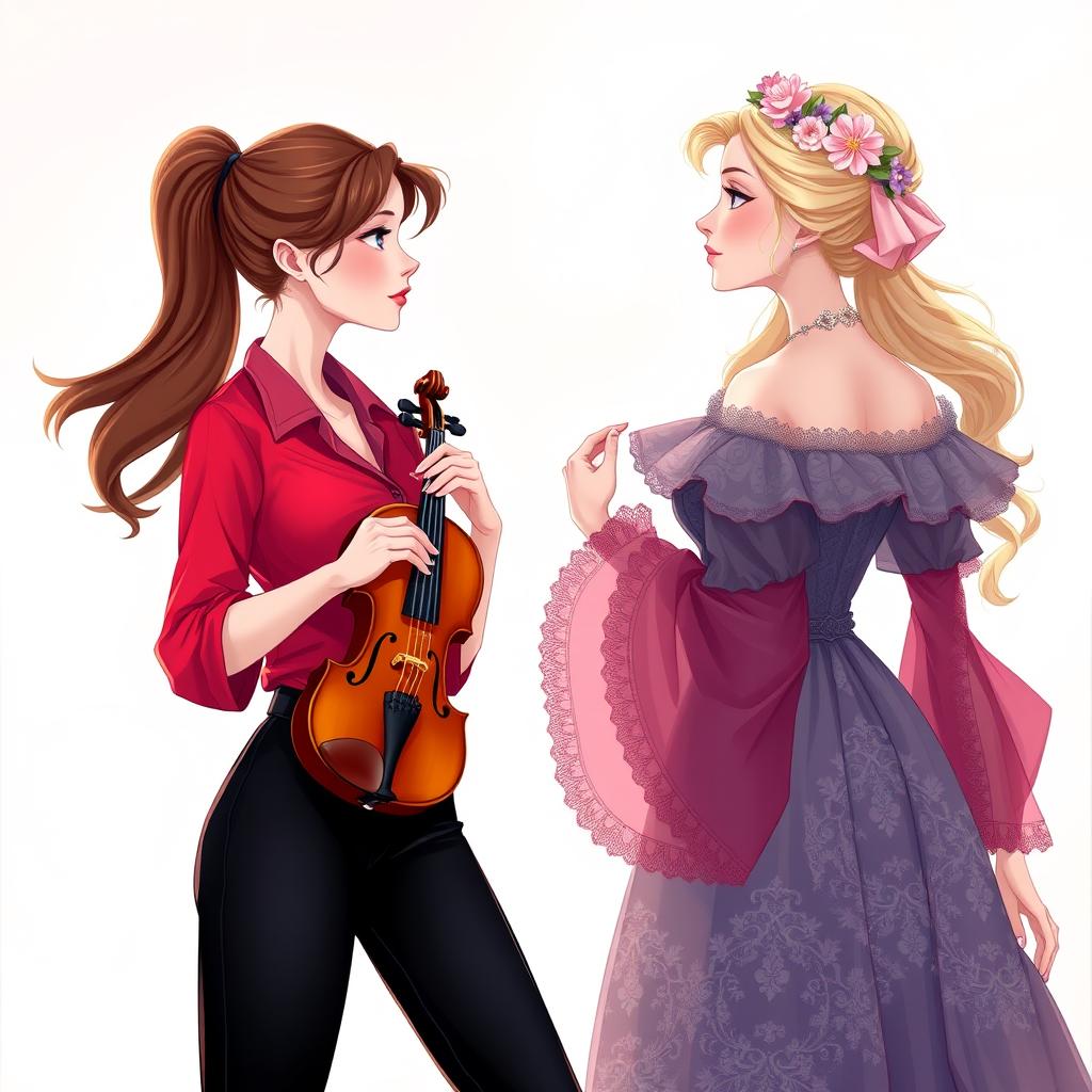 An enchanting illustration of two women in their 20s gazing at each other with fascination