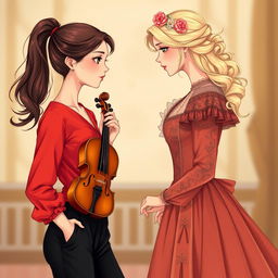 An enchanting illustration of two women in their 20s gazing at each other with fascination