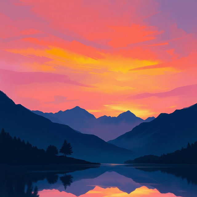 A dreamy sunset painted in a stylized technique using IbisPaint brushes, showcasing vibrant hues of orange, pink, and purple blending in the sky