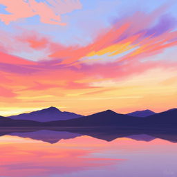 A dreamy sunset painted in a stylized technique using IbisPaint brushes, showcasing vibrant hues of orange, pink, and purple blending in the sky