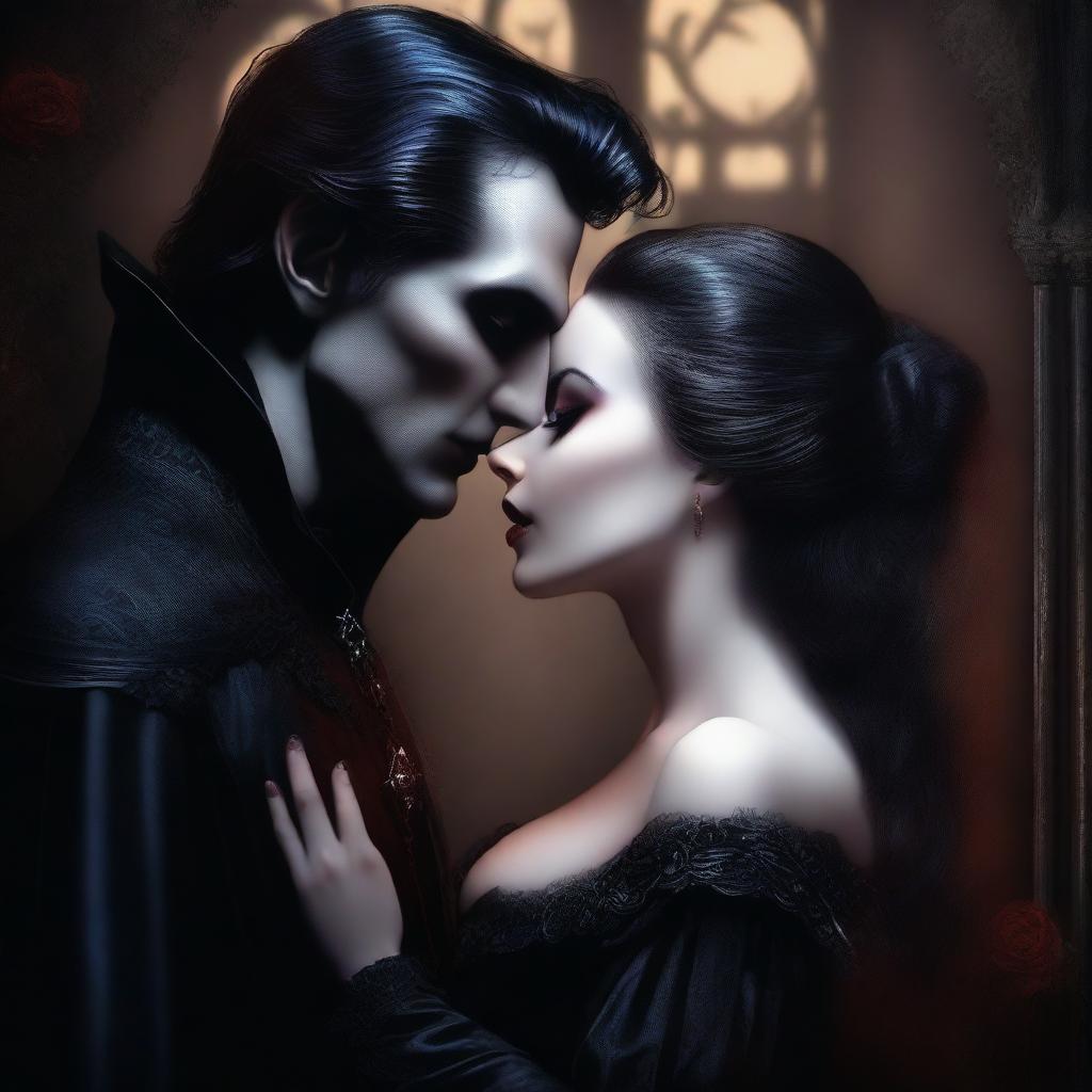 An exquisite digital art piece portraying a vampire couple in a romantic moment