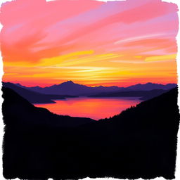 A dreamy sunset painted in a stylized technique using IbisPaint brushes, showcasing vibrant hues of orange, pink, and purple blending in the sky