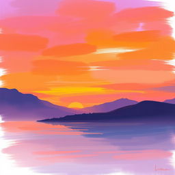 A dreamy sunset painted in a stylized technique using IbisPaint brushes, showcasing vibrant hues of orange, pink, and purple blending in the sky