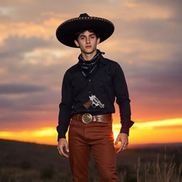 A young man with slightly tanned skin stands on a hill overlooking a sunset, portrayed in a melancholic tone