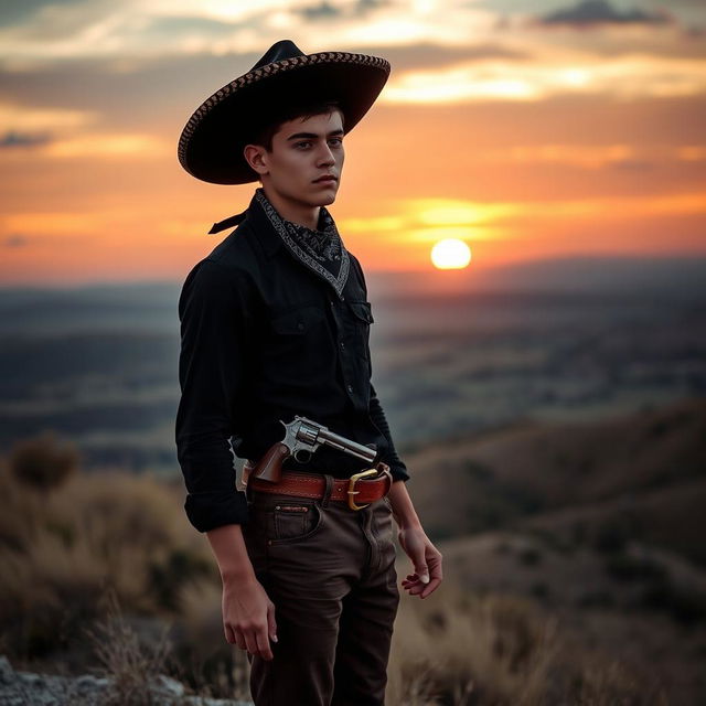 A young man with slightly tanned skin stands on a hill overlooking a sunset, portrayed in a melancholic tone