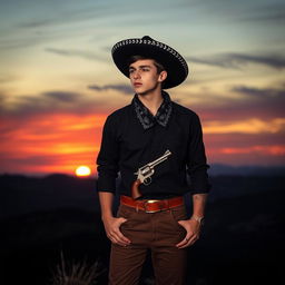 A young man with slightly tanned skin stands on a hill overlooking a sunset, portrayed in a melancholic tone