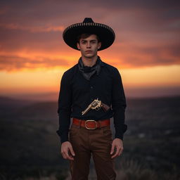 A young man with slightly tanned skin stands on a hill overlooking a sunset, portrayed in a melancholic tone