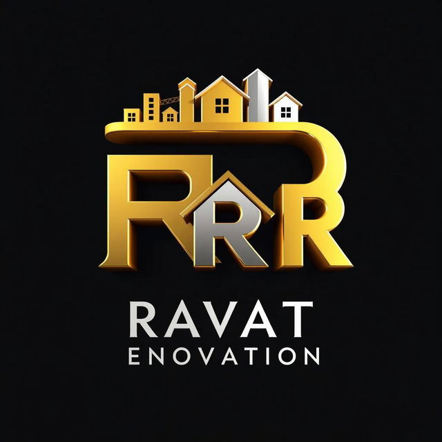 A modern and stylish logo design featuring the letters 'R' prominently, integrated with elements representing urban development such as buildings, houses, and a construction tower