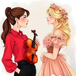 An illustration featuring two women in their 20s staring at each other with fascination