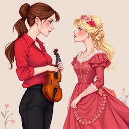 An illustration featuring two women in their 20s staring at each other with fascination