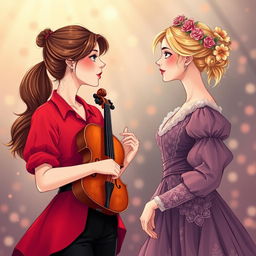An illustration featuring two women in their 20s staring at each other with fascination