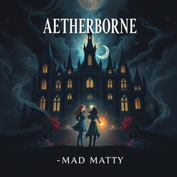 A book cover titled 'AETHERBORNE' prominently placed at the top with a tagline 'MAD MATTY' at the bottom