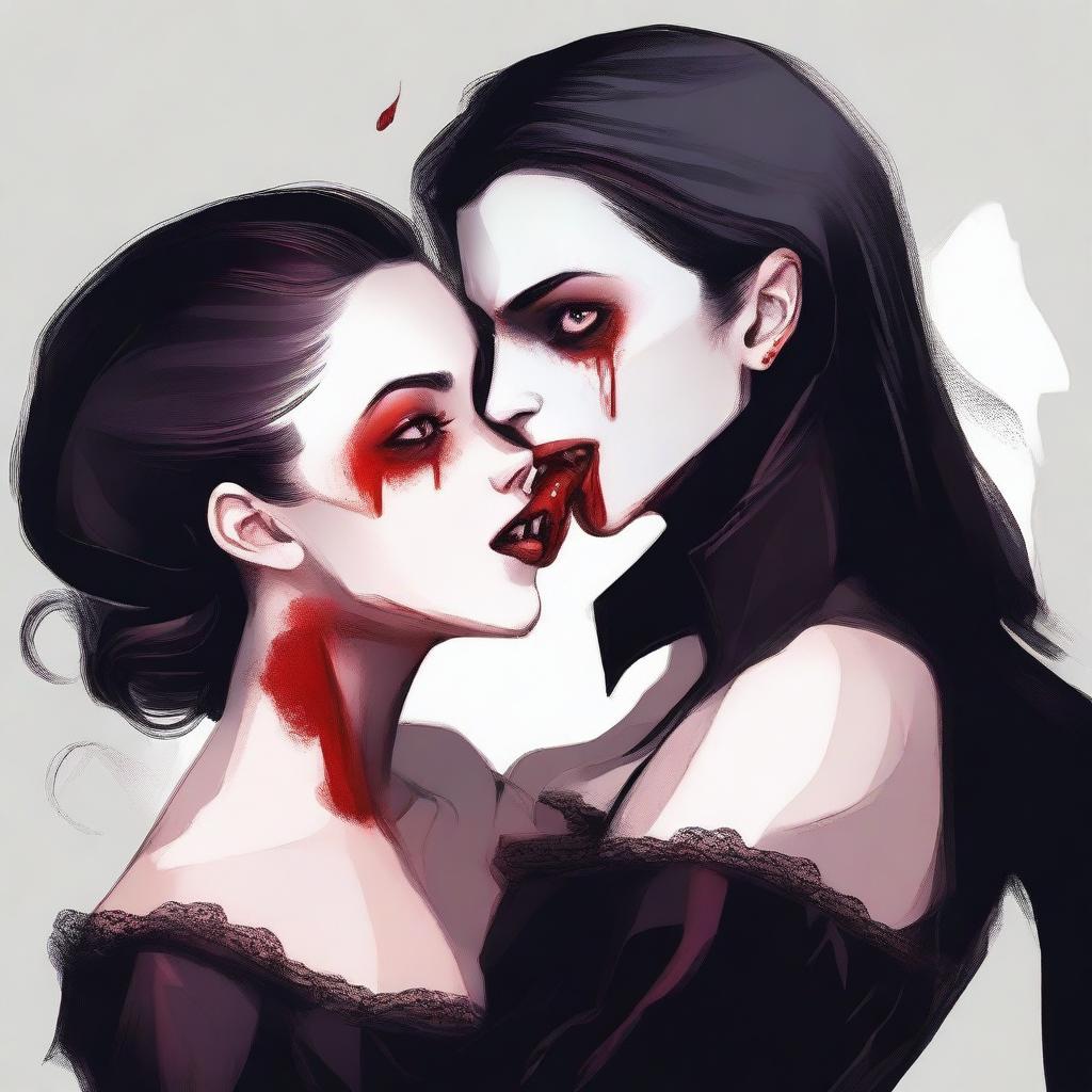 A high-quality digital artwork showcasing a vampire drinking blood from a girl